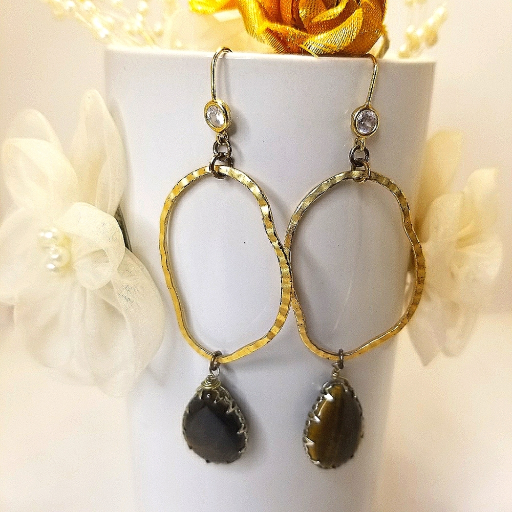 Hammered Gold Tiger Eye & Rhinestone Dangle Earrings